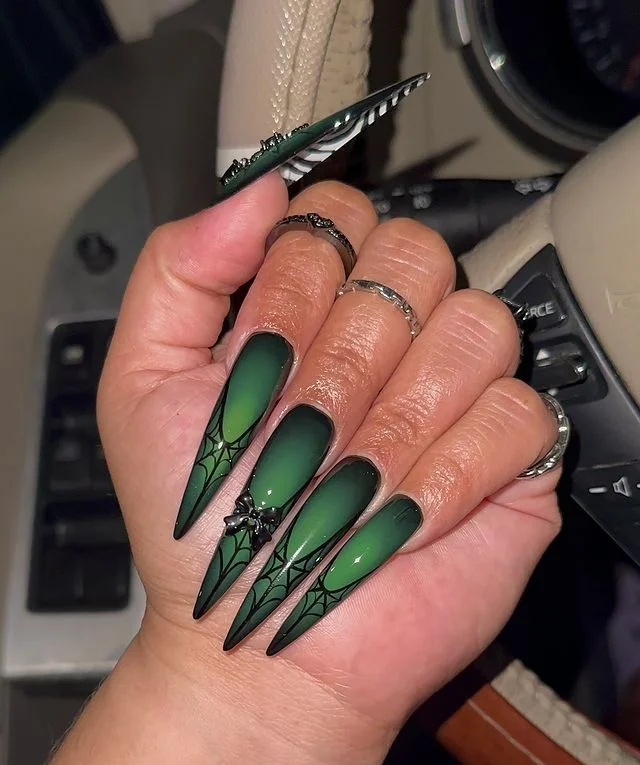 Dark Green Ombre Spider Web Nails