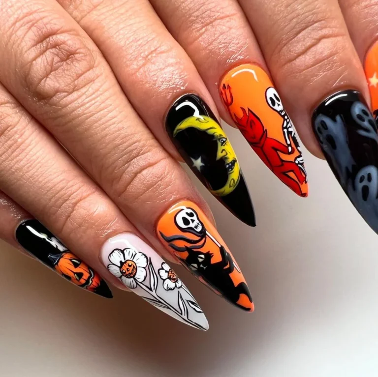 Edgy Skeleton & Moon Halloween Nails