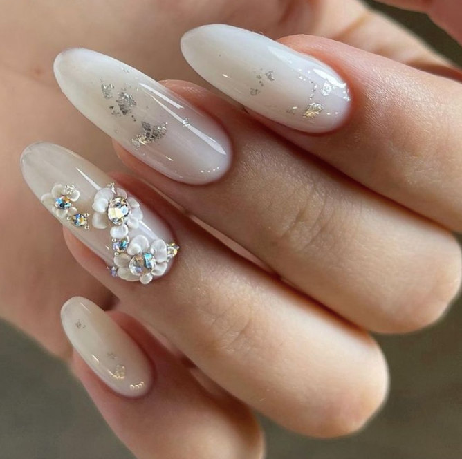 Embellished Milk White Wedding Nails