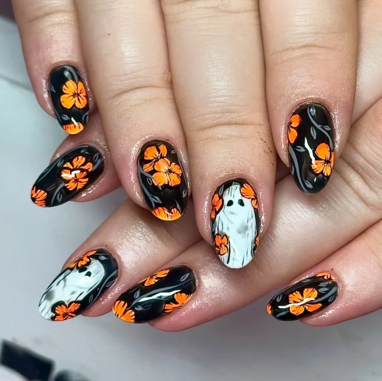 Floral & Ghost Design Halloween Almond Nails