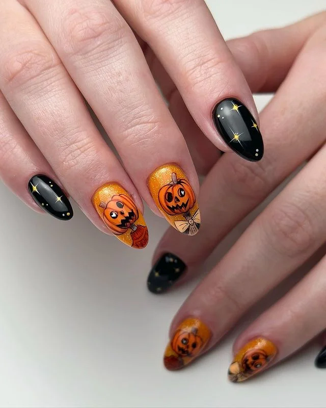 Glittery Jack-O’-Lantern Accent Halloween Nails