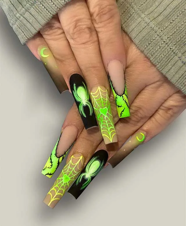 Glow in the Dark Spider Web & Neon Green Coffin Nails