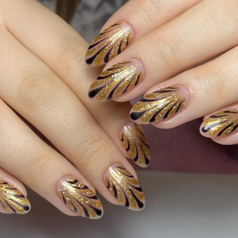Gold and Black Swirl Design New Year Nails Art