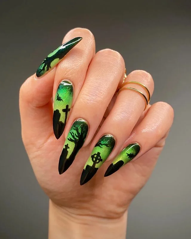 Graveyard Green Stiletto Gothic Halloween Nails