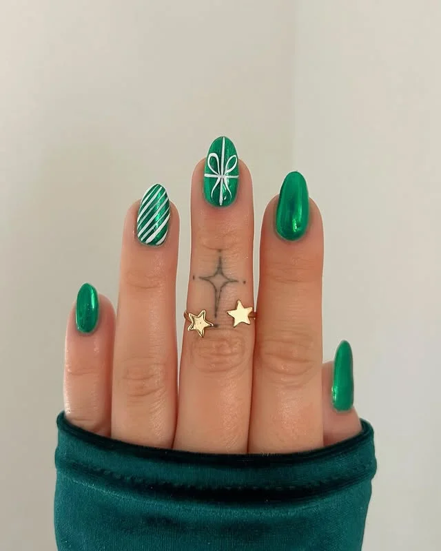 Green Almond Candy Cane Nail Design with Ribbon & Stripes