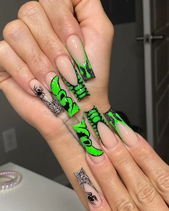 Green Halloween Coffin Nails with Spider & Web Art