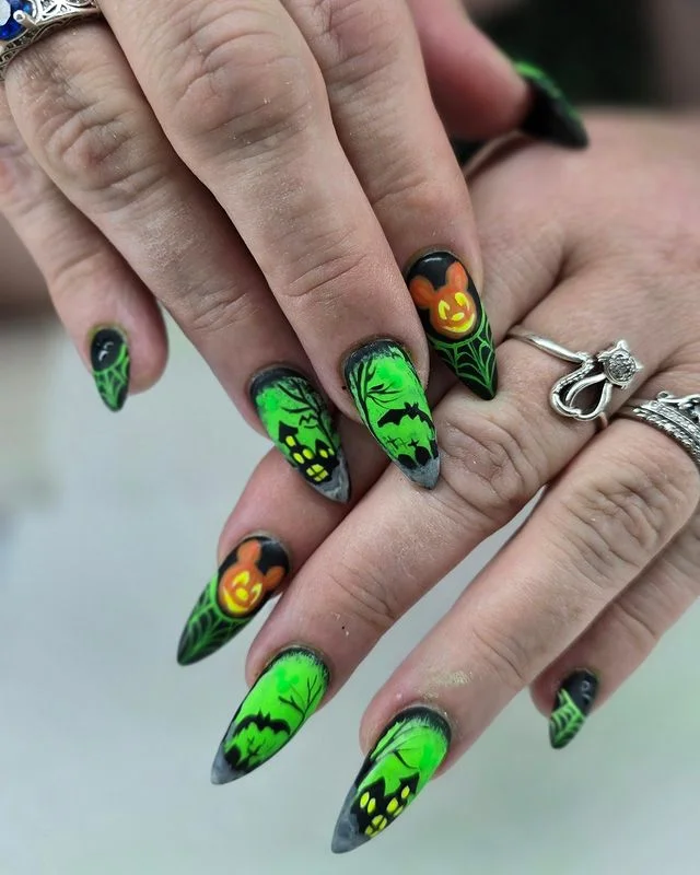 Green Haunted Forest Disney Halloween Design Nails