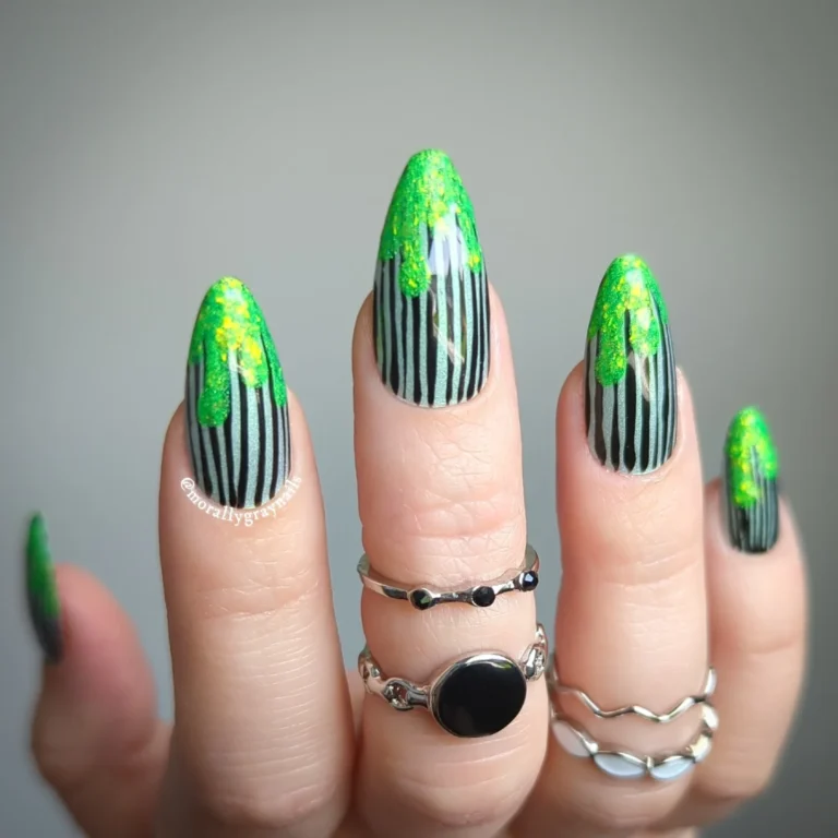 Green Slime and Stripes Halloween Almond Nails