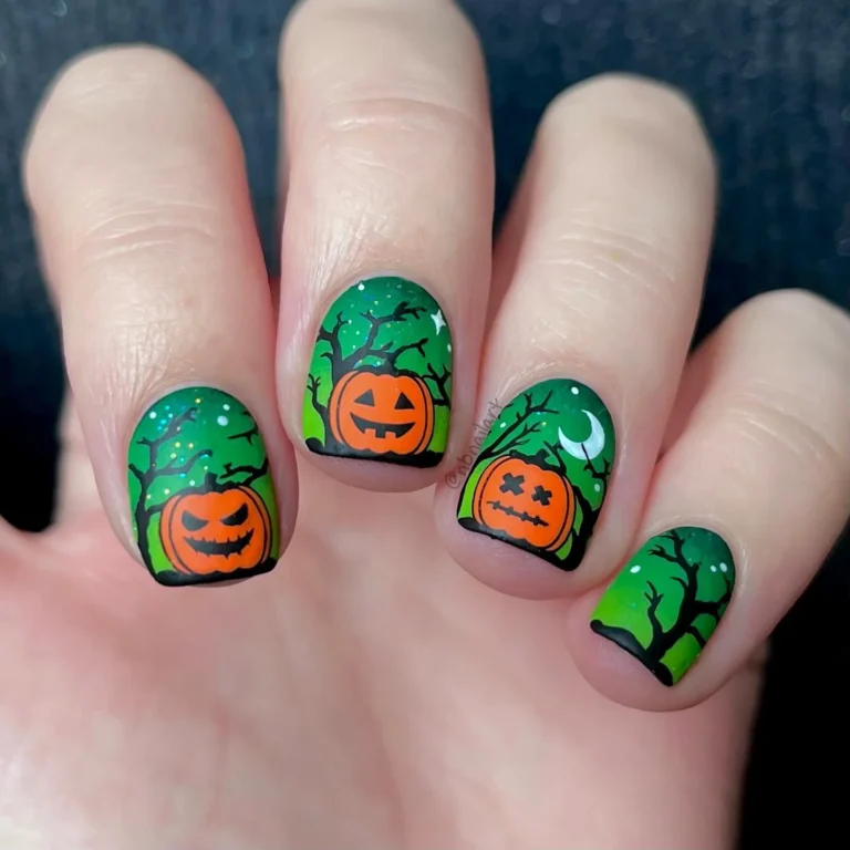 Haunted Pumpkin Patch Nail Art in Neon Green