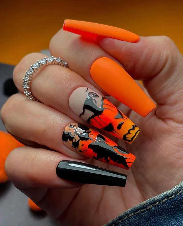 Long Coffin Orange & Black Spooky Halloween Nails