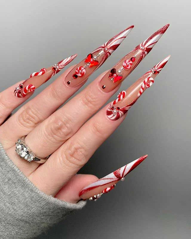 Long Edgy Candy Cane Nail Design