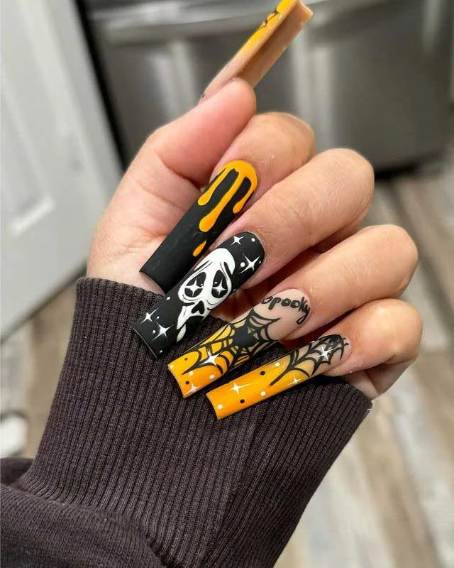Long Spooky Drip & Ghost Coffin Nails
