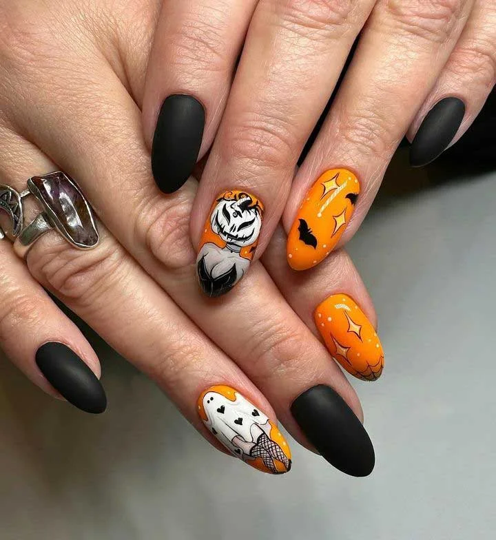 Matte Almond Halloween Ghost Nails