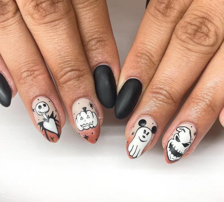 Matte Black Nails with Disney Halloween Art