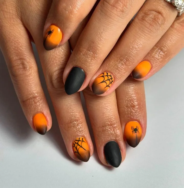 Matte Orange & Black Ombre Spider Web Halloween Nails