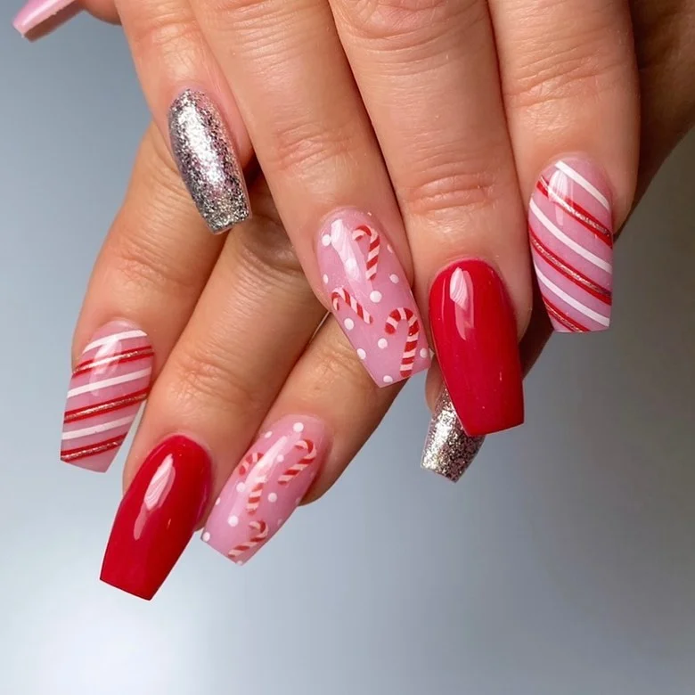 Medium Square Red Candy Cane Nail Design