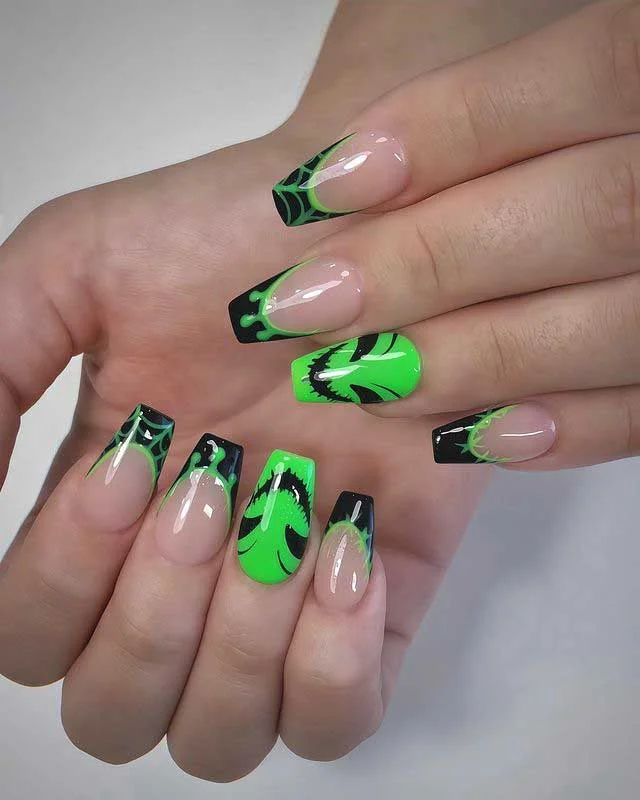 Neon Green & Black French Tips with Spider Web Accents