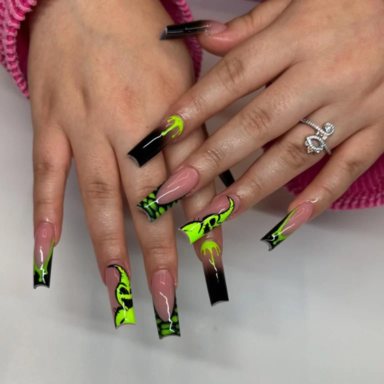 Neon Green Flame & Ombre Halloween Coffin Nails