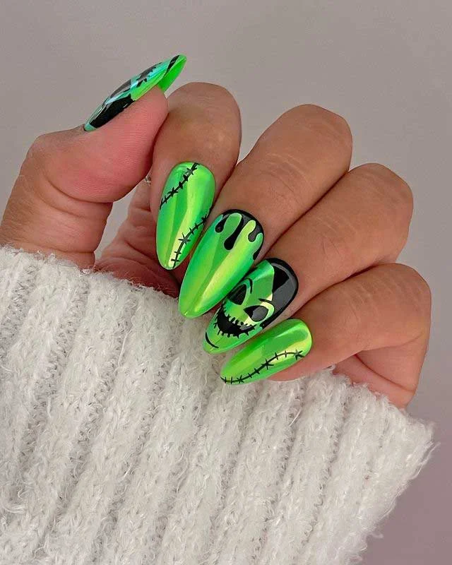 Neon Green Glazed Oogie Boogie Halloween Nails