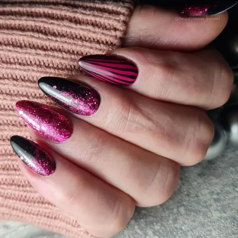 New Year Nails with Pink Glitter & Stripes