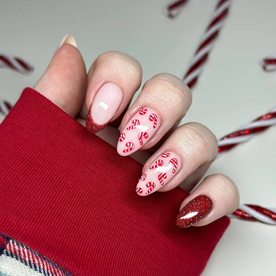 Nude Base with Glitter Candy Cane Nails