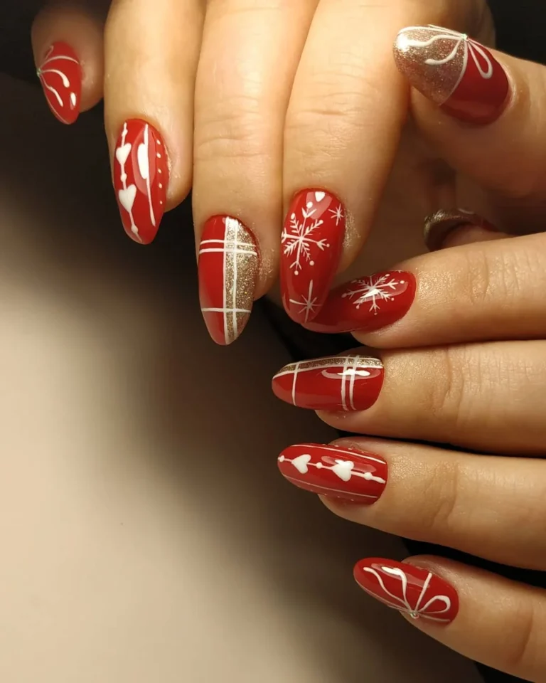 Oval New Year Nails with Red, Snowflakes, & Gift Box Design