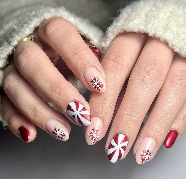 Red & White Almond Candy Cane Nail Design
