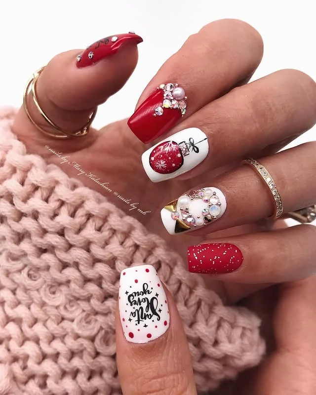 Red & White New Year Nails with Christmas Ornaments & Glitter