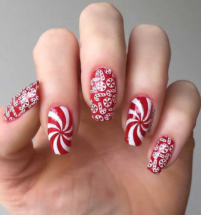 Red & White Swirl Candy Cane Nail Design