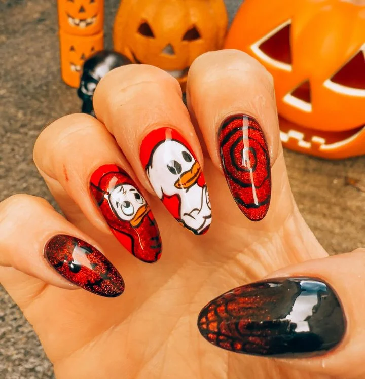 Red and Black Disney Duck Almond Nails