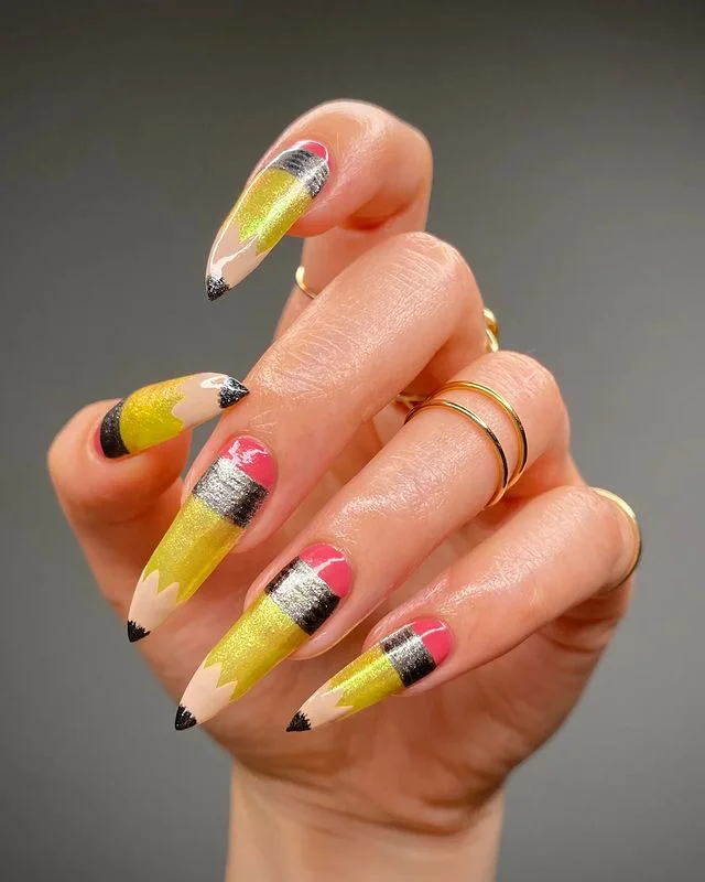 Sharp Pencil-Inspired Stiletto Back to School Nails
