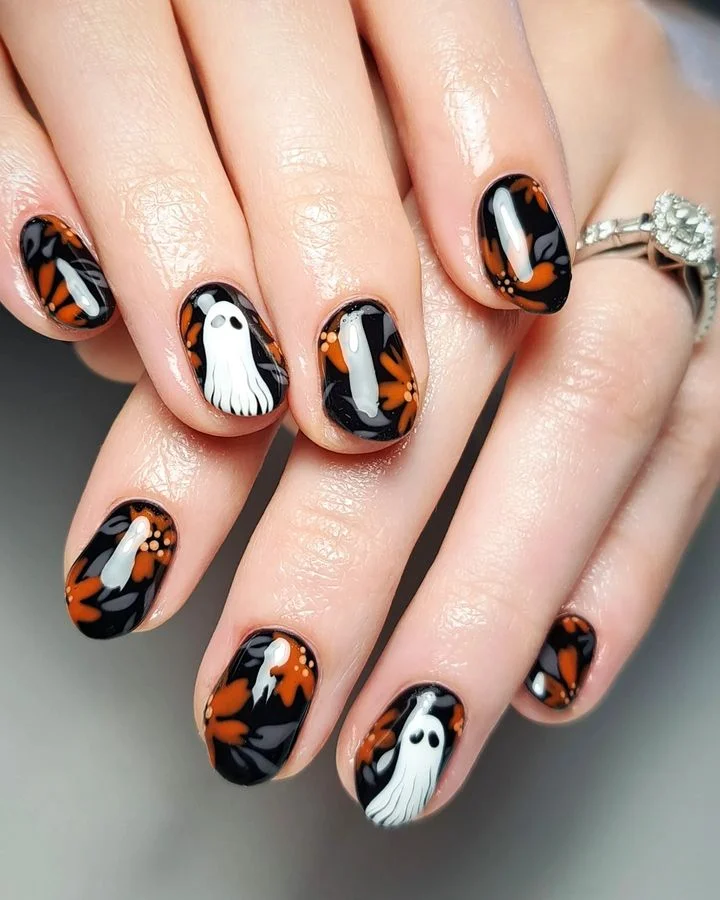 Short Ghost Floral Orange & Black Halloween Nails