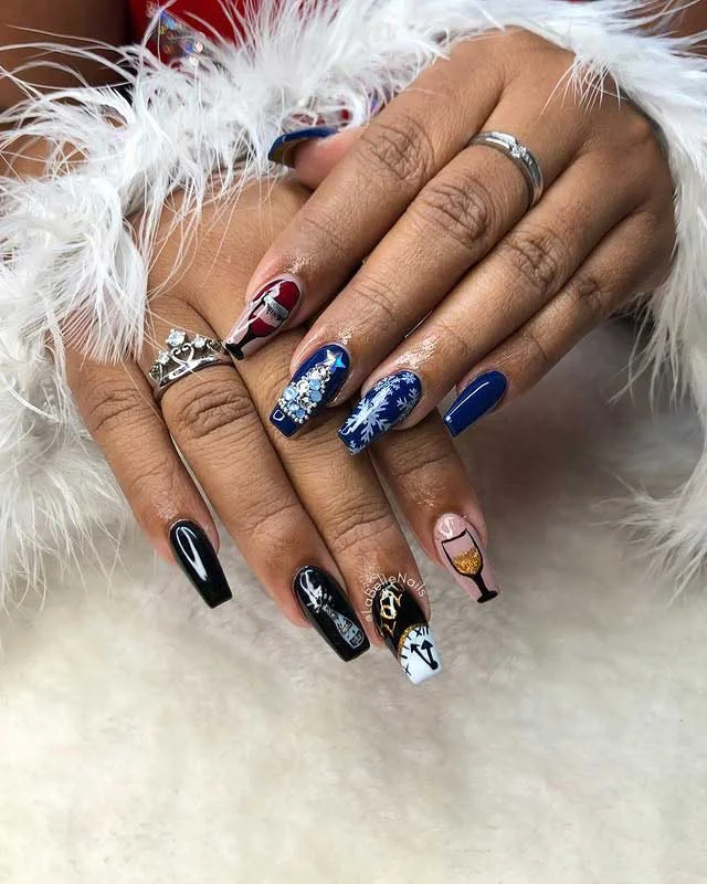 Snowflakes, Wine Glass, & Blue Design Nails