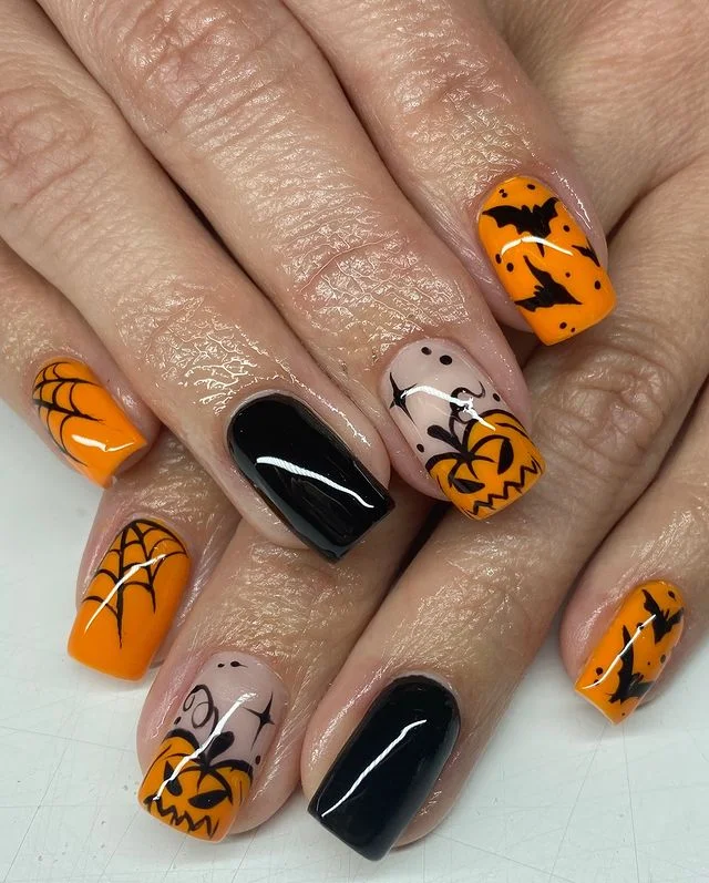 Square Halloween Bats & Pumpkins Nails