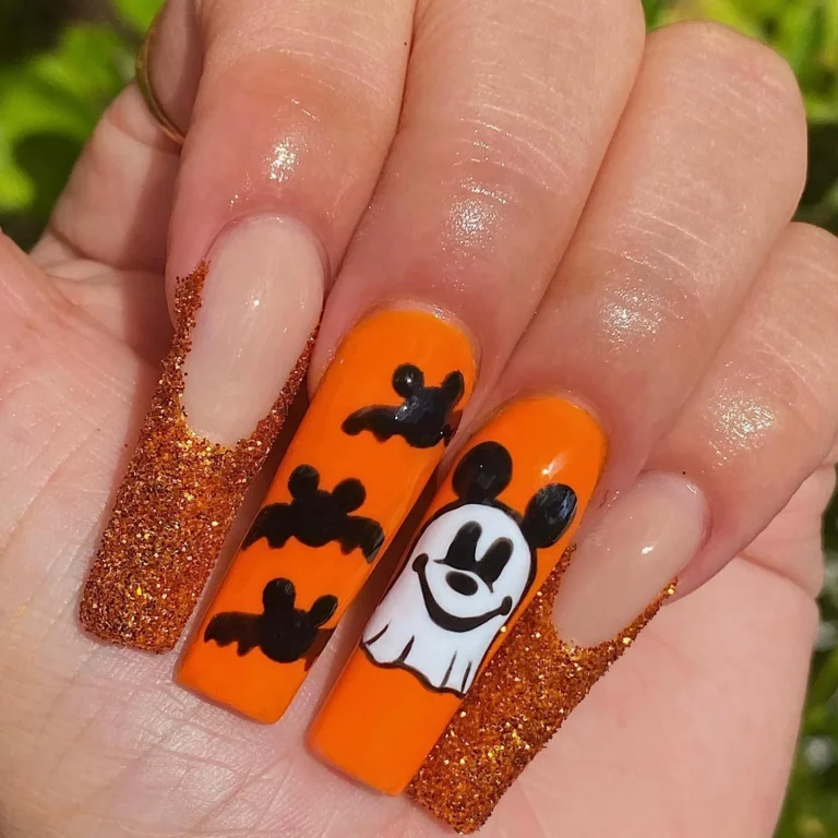 White Ghost Mickey & Orange Glittered Bats Disney Nails
