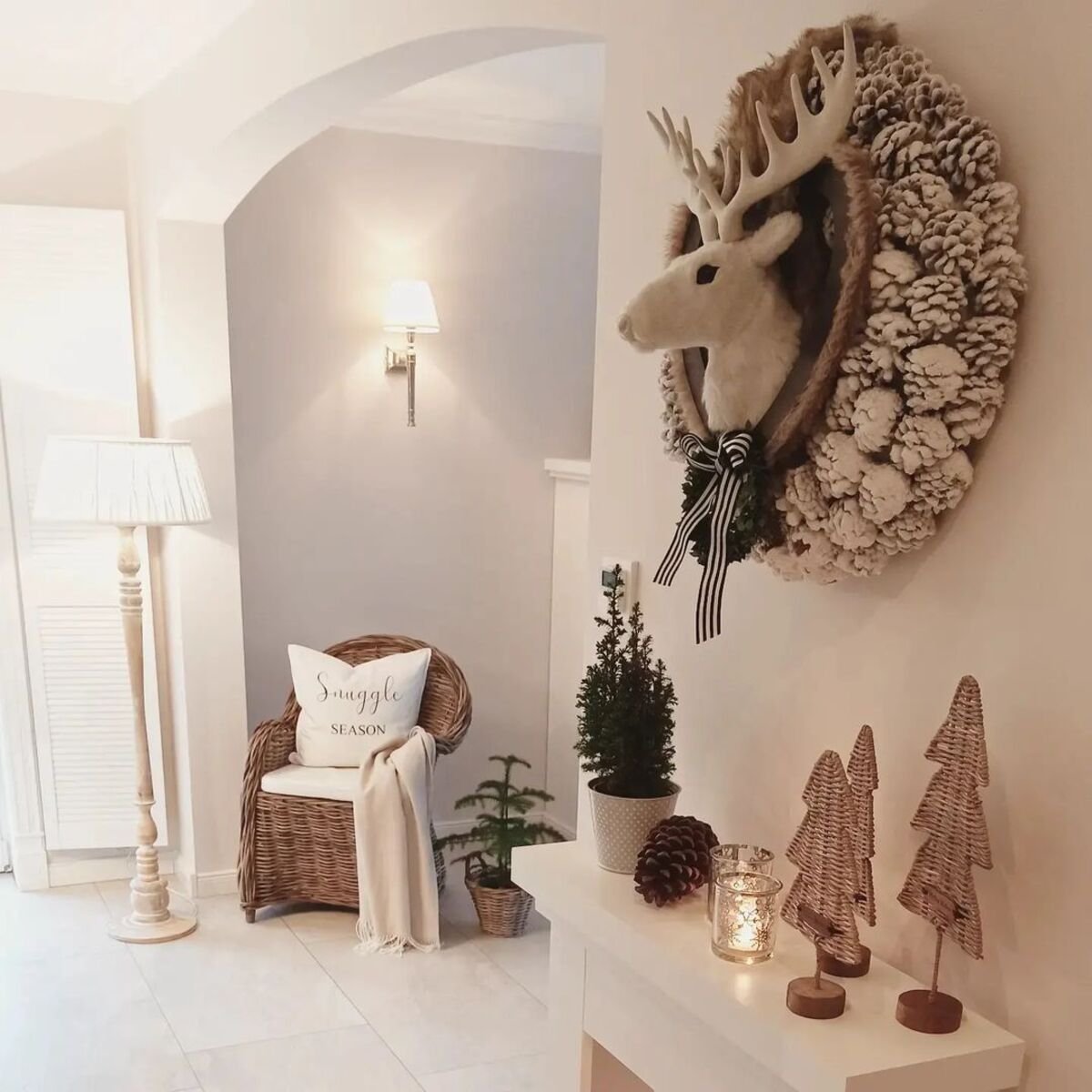 Winter Wreath of Pinecones and Deer Figurine
