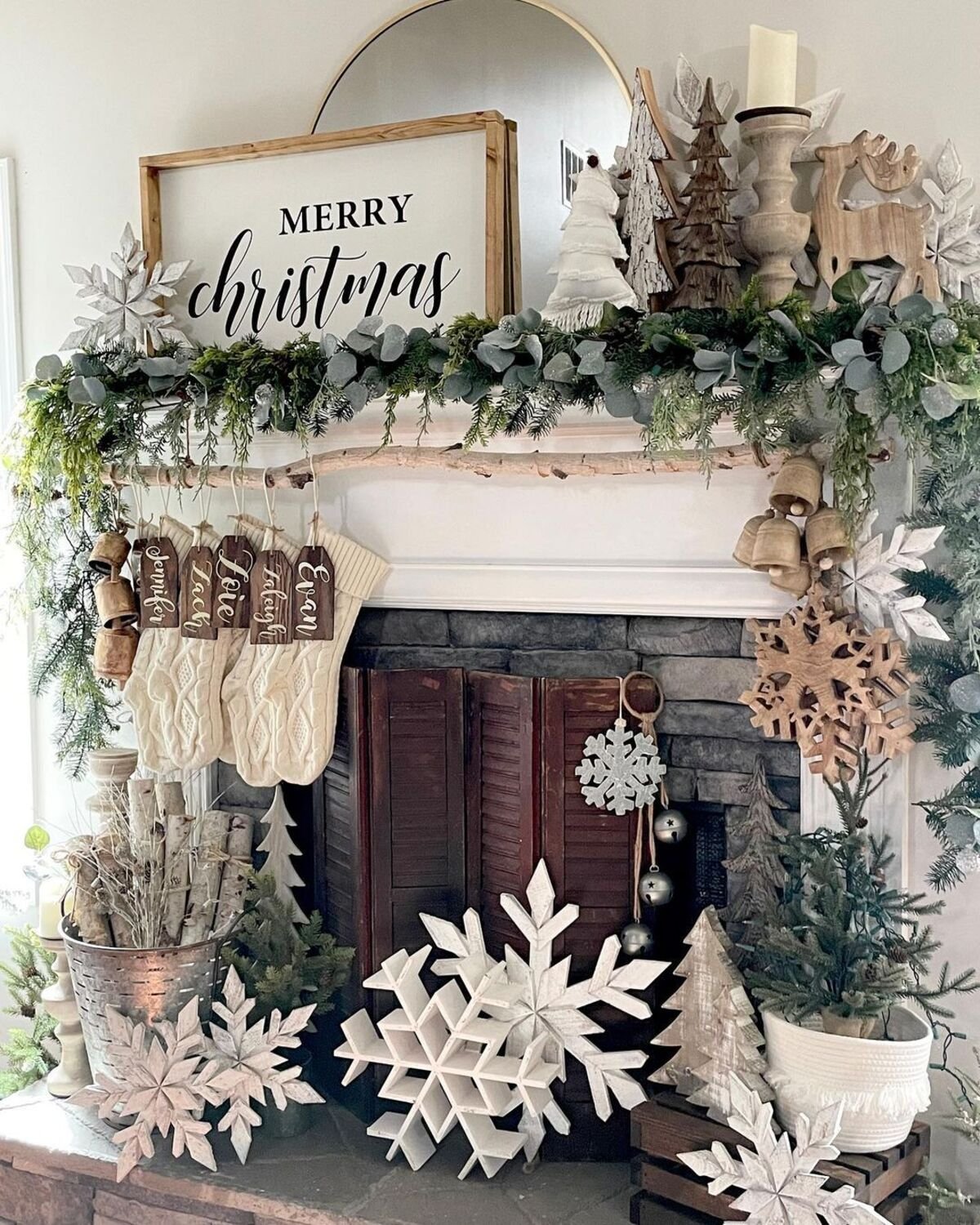 Wooden Fireplace Snowflake Decorations