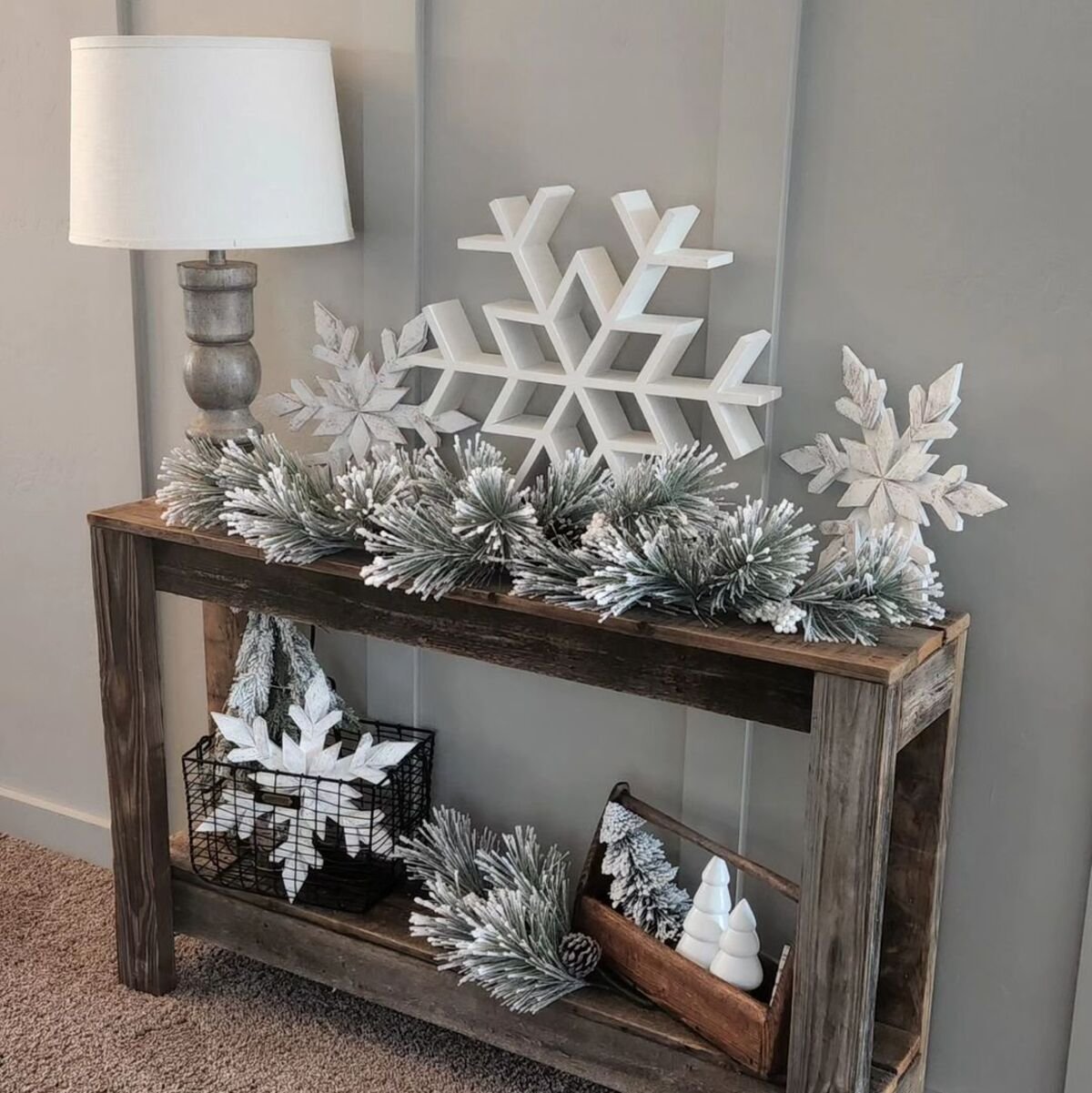 Wooden Snowflakes as a Cabinet Centerpiece