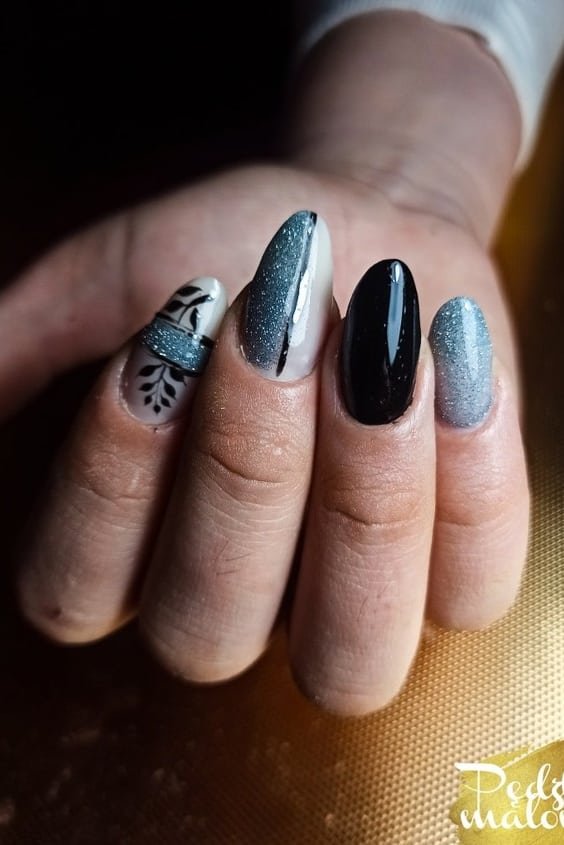 Almond Nails with Sliver Glitter Accents