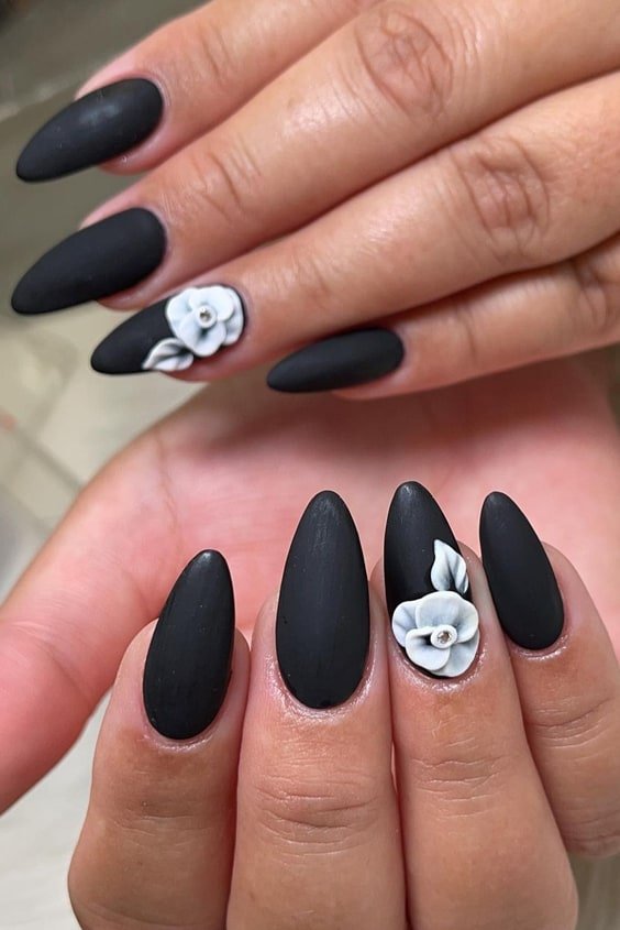 Black Almond Nails with White Floral Pattern