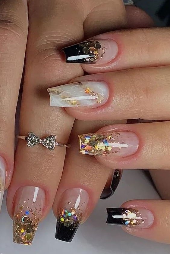 Coffin Nails With Gold Flakes Accent
