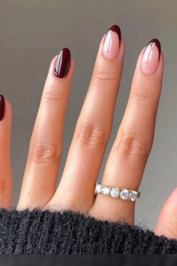 Elegant Burgundy and Nude French Tip Nail Art