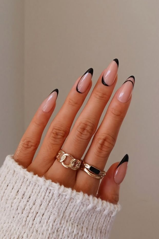 French Tip Nail Design with Black Accents