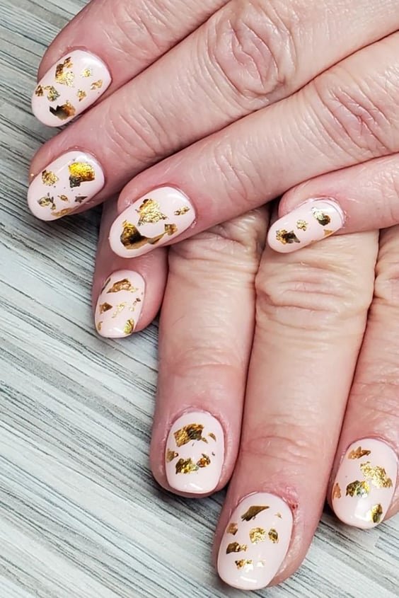 Pink Almond Nails with Gold Foil
