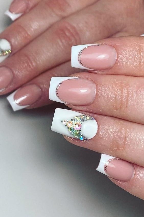 Square Nude Nails with White French Tips
