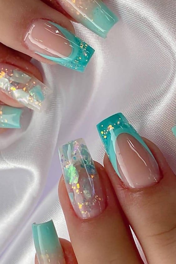 Teal Coffin Nails with Sparkles