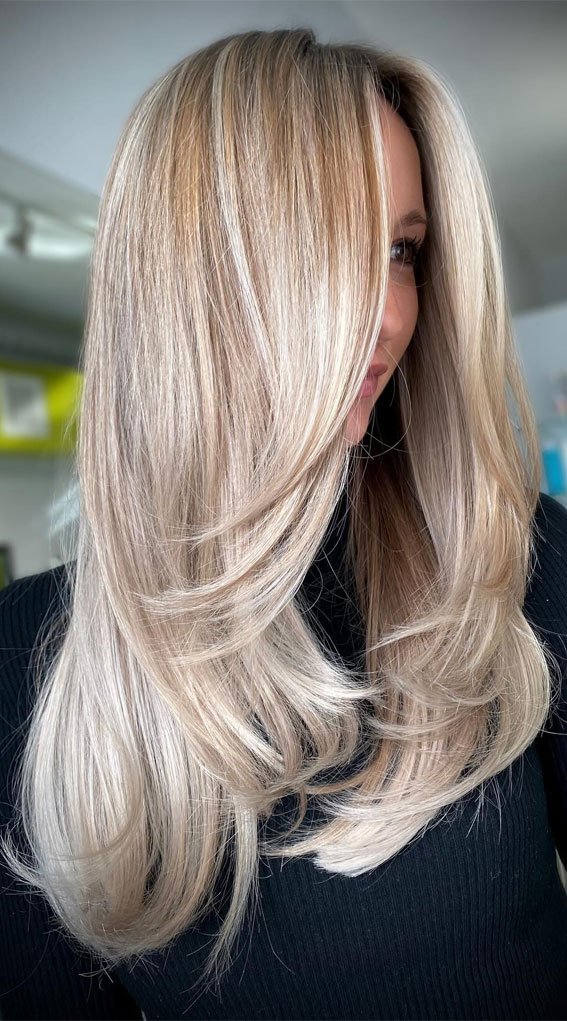 Dimensional Old Money Beige Blonde with Long Feathered Layers