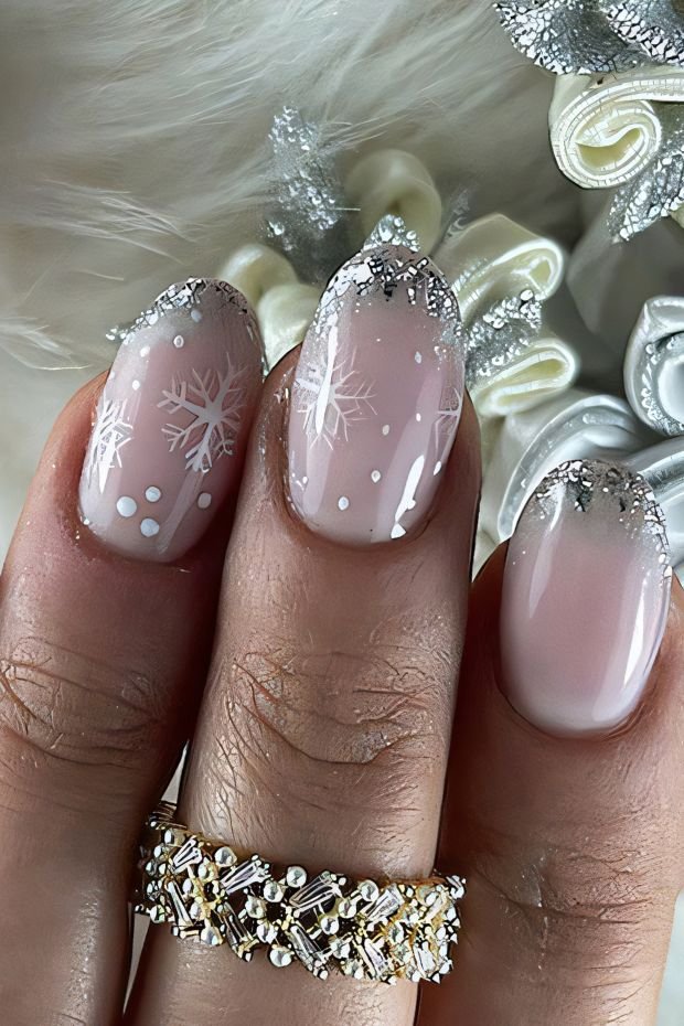 Nail Design with Snowflakes and Frosted Tips