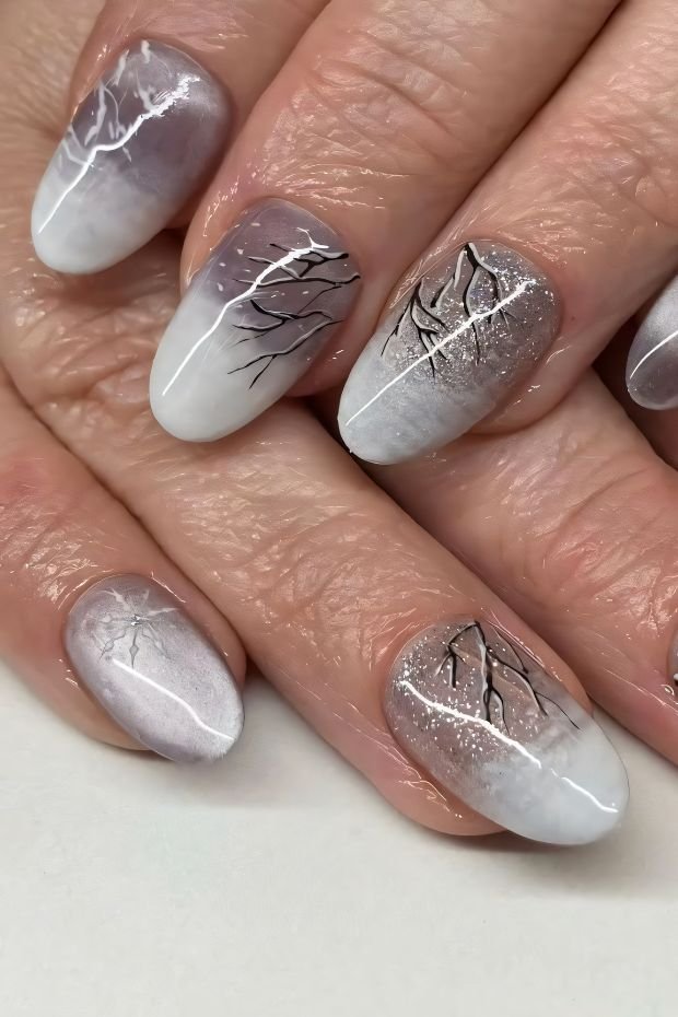 Ombre Nail Art with Frosty Branches