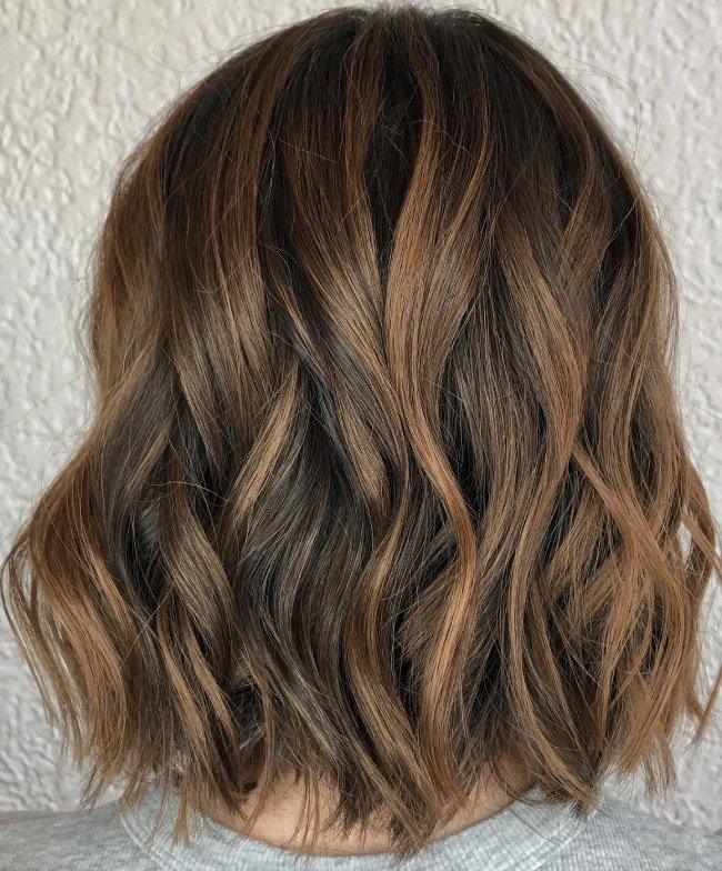 Wavy Brunette Bob with Caramel Balayage